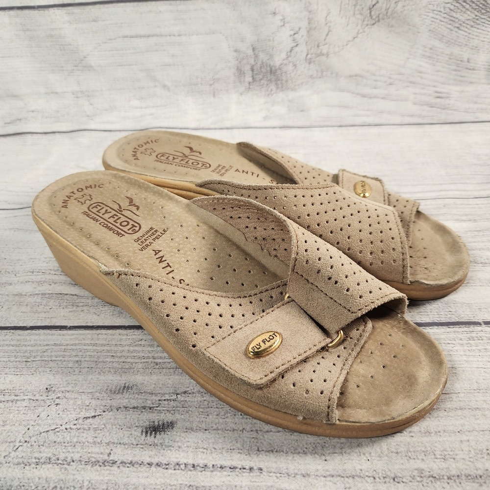 Fly Flot Women's 37 (7 US) Italian Comfort Tan Suede Wedge Slide Sandals